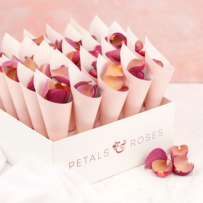 Biodegradable Wedding Confetti Cone Box with Rose Quartz Rose Petal Confetti and Pink Confetti Cones