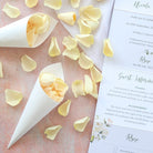 Cream Dried Rose Petals with White confetti Cones for weddings by Petals & Roses