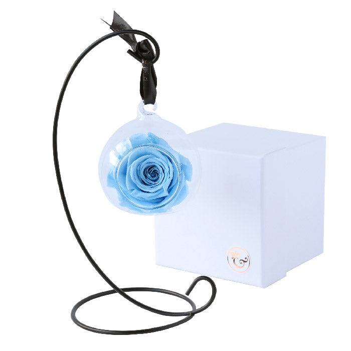 Baby Blue Hanging Rose Glass Bauble with Stand and Luxury Gift Box