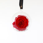 Timeless everlasting red preserved rose glass bauble with luxury black ribbon with rose gold detail to hand on your Christmas Tree