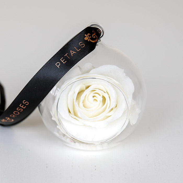 Timeless everlasting white rose bauble with black and rose gold ribbon