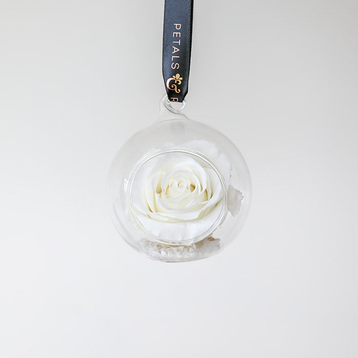 Timeless everlasting white rose bauble with black and rose gold ribbon - Christmas gift