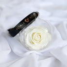 Timeless everlasting white rose bauble with black and rose gold ribbon